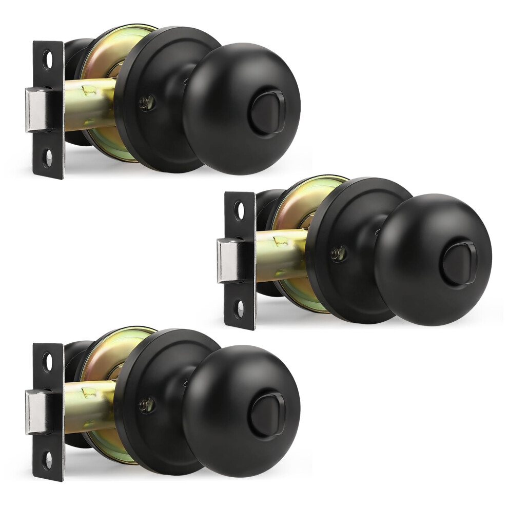 Matte Black Privacy Door Knob Set 3 Pack Keyless Lock For Bedroom Bathroom Silent Round Design 9189345562129