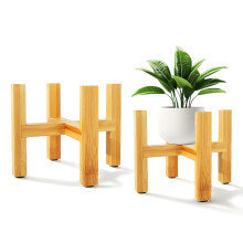 Indoor Plant Stand 2 Pack, Adjustable Bamboo Wooden Holder for 6.3 and 8.3 Inch Pots, Modern Shelf for Home Decor