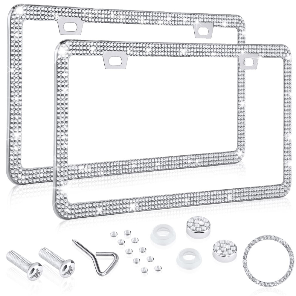 Bling License Plate Frame 2 Pack With Luxury Crystal Rhinestones, Thin Border Stainless Steel, Antitheft 9001264885502