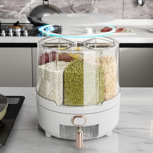Rice Container 360Degree Rotating Grid, Transparent 6Compartment Cereal Dispenser With Removable Lid 1