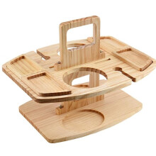 Creativity Double Layer Picnic Table, Outdoor Wooden Dining Table with Handle, 2 Wine Glass Holders, 2 Wine Bottle Holders, 4 Food Trays