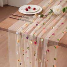 Champagne Embroidered Daisy Table Runner 10ft Gauze Tulle for Wedding Party and Dining Decor