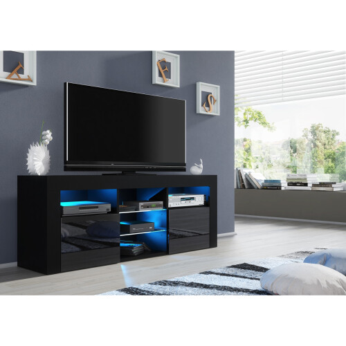 TV Unit 145cm Pulse - Black with Gloss Doors and LED Lights 1