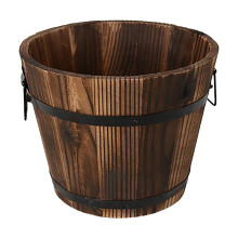 Wooden Whiskey Barrel Planter Box with Drainage, Rustic Fir Wood Flower Pot with Metal Handles 5.91in