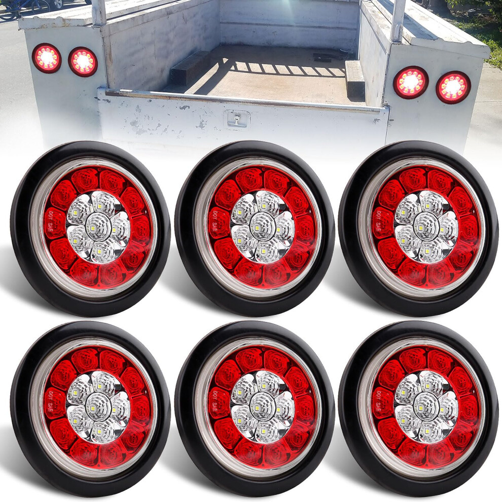 6Pcs 4 Inch Round LED Trailer Tail Lights with Backup Reverse, IP67 Waterproof 12V for Truck RV