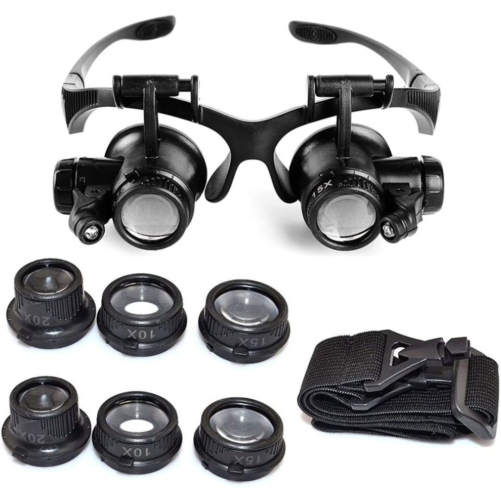 Double Eyes Jewelry Magnifying Loupe, LED Illumination Glasses Magnifier For Electronic Repair, Adjustable Magnifications, Interchangeable Headband, 1