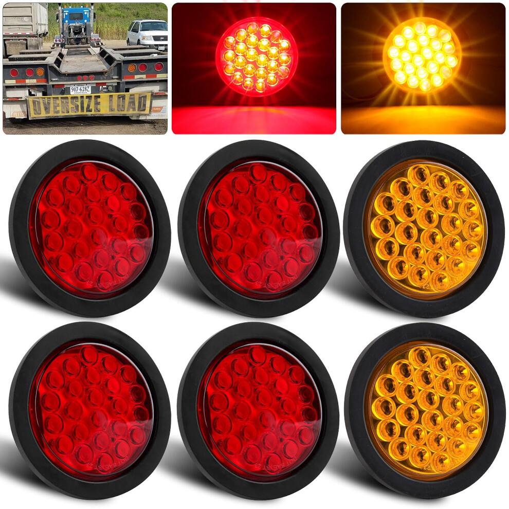 6Pcs 4 Inch Round Led Trailer Tail Lights Kit Ip67 Waterproof Stop Turn Brake Multifunction And Amber/Red 9119770657374