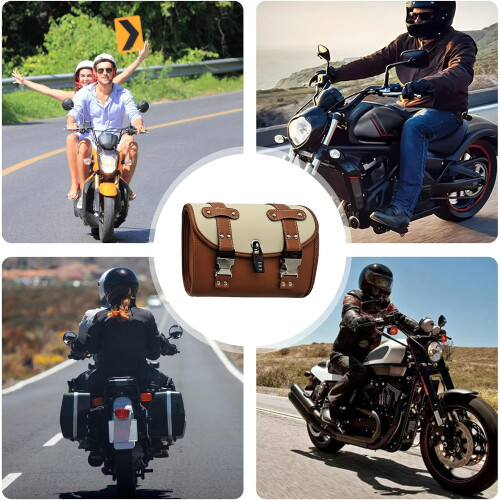 Motorcycle Saddle Bag Waterproof PU Leather with Secure Clip Closure Fork Tool Side Bag Brown 2