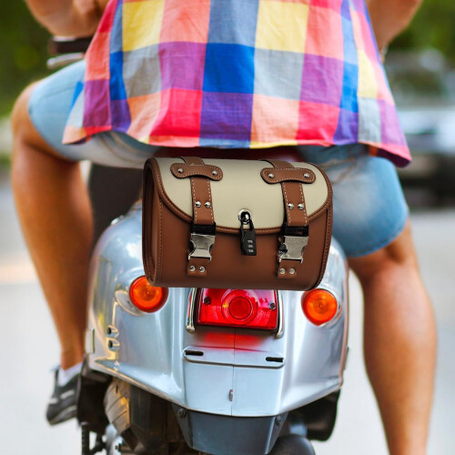 Motorcycle Saddle Bag Waterproof PU Leather with Secure Clip Closure Fork Tool Side Bag Brown 1