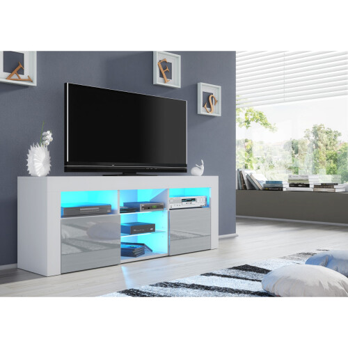 TV Unit 145cm Pulse - White & Grey Gloss Doors and LED Lights 1
