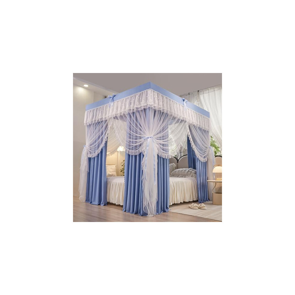 Bed Canopy Mosquito Net Queen Size With Ruffle Four Corners Double Layer Elegant Princess Design Blue