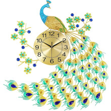 Large Peacock Wall Clock with Elegant Design, Silent Quartz Pendulum, Gold and Blue 25In