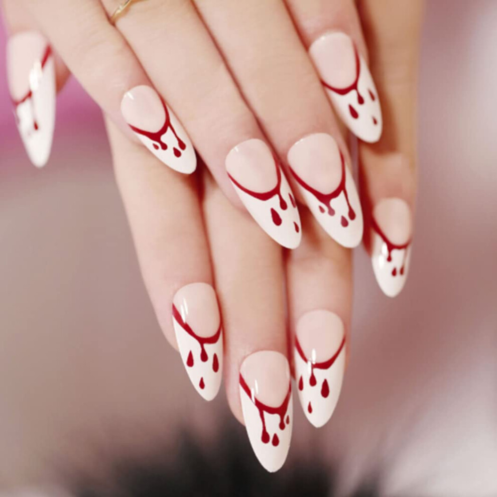 White,Red Artisanal Halloween Press On Nails, Elegant Short Square False Nails, Glossy White And Red Bat Print, Non-Toxic Abs Environmental Friendly Acrylic,