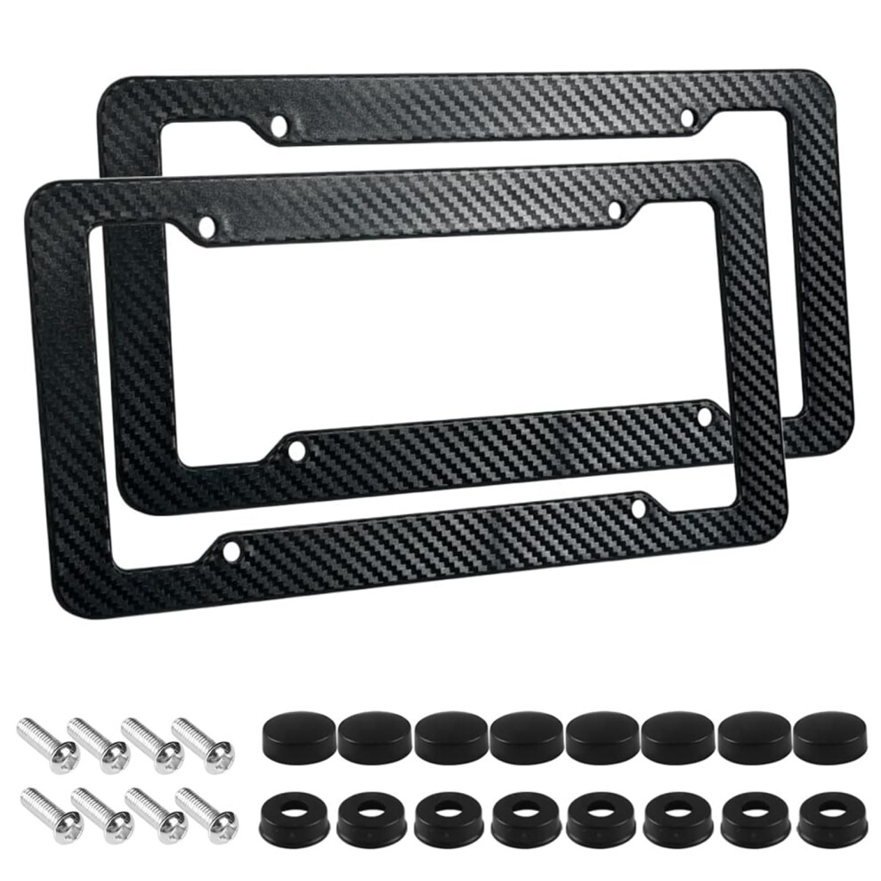 2 Pack Carbon Fiber License Plate Frame For Car Front And Rear, With Screws And Caps, Fits Us Plates Black 9189345574986