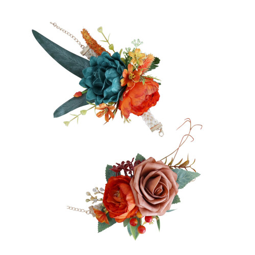5Pcs Rose Corsages for Wedding Ceremony-orange green 1