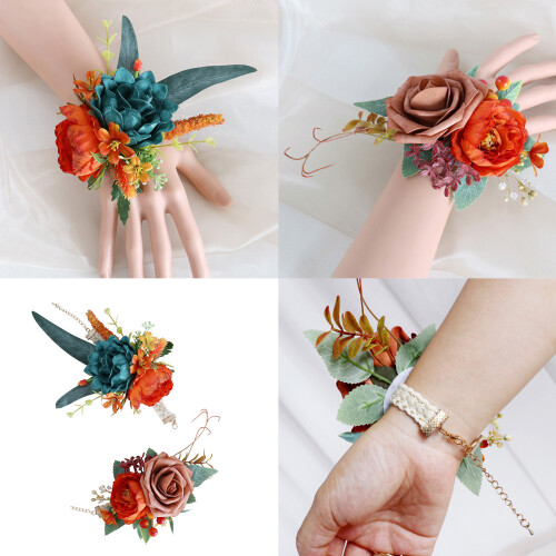 5Pcs Rose Corsages for Wedding Ceremony-orange green 2