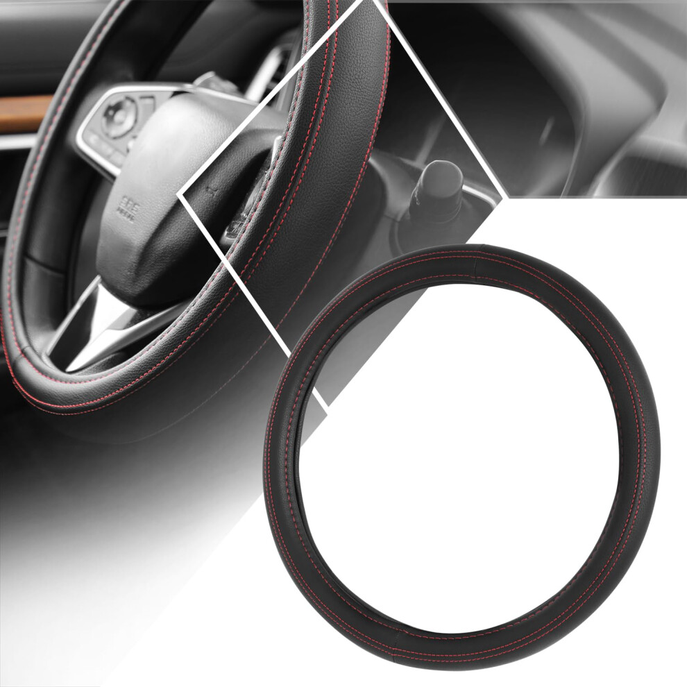 Universal 14.515 Inch Leather Steering Wheel Cover With Stitching And Antislip Grip Black/Red 9426802804836