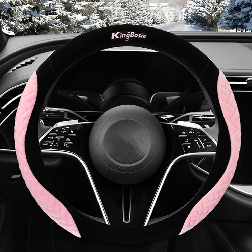 Fluffy Steering Wheel Cover 15 Inch, Warm Plush Antislip Grip, Winter Car Accessory Pink 9001264911249