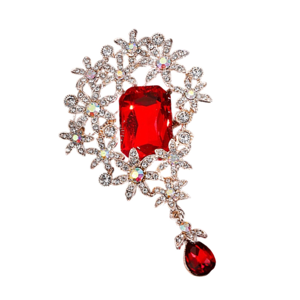 Red Crystals Embellished Flower Brooch Retro Designs Women