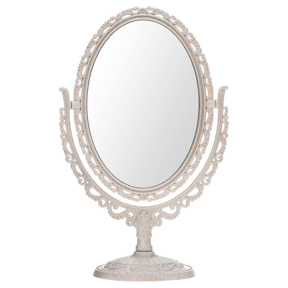 Beige Vintage Oval Vanity Mirror With 360 Degree Rotation, Tabletop Makeup Mirror For Bedroom
