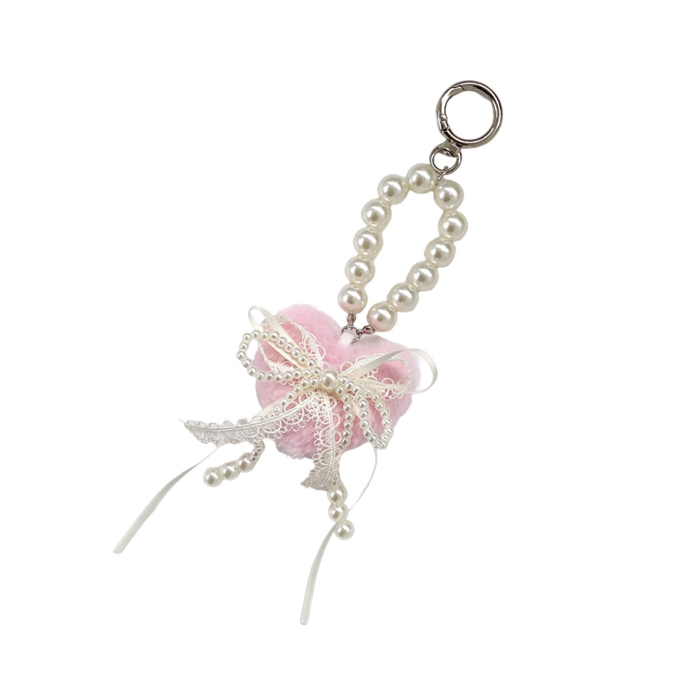 Trendy Plush Keychain Charm With Embroidered Lace Heart- Pink 7696001119136