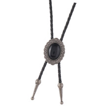 Unisex antieke zwarte stenen hanger Cowboy Bolo Tie-Zilver