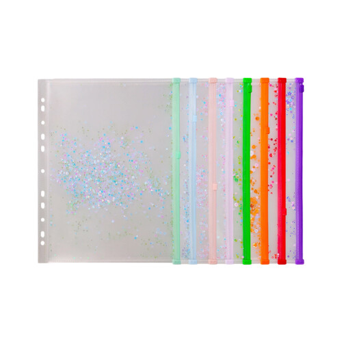 8Pcs Glittering Clear Zippered File Envelope With Punched-A4.