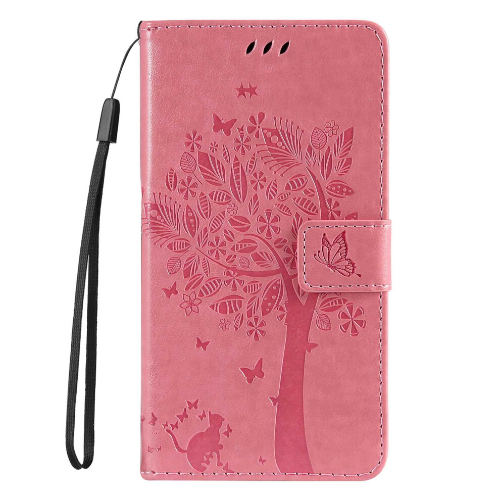 Redmi 13C 4G Case Flip Leather Wallet Cat And Tree Embossed Shockproof Cover Card Holder Magnetic Closure Pink 9001264921491