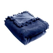 Solid Color Fleece Blanket Throw with Pom Pom- L Deep Blue