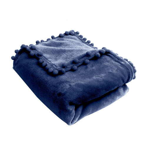Solid Color Fleece Blanket Throw with Pom Pom- L Deep Blue