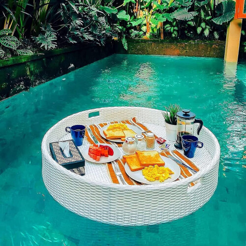 Oversized Floating Pool Tray with Extra Large Capacity, Durable Rattan Serving Bar for Pool Parties, White 2