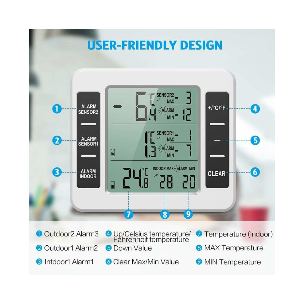 Refrigerator Thermometer Wireless Indoor Outdoor, Sensor Temperature Monitor, Accurate Measurement Within 1/2, Reminder Alarm For Preset