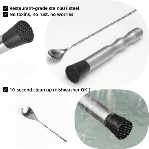 Stainless Steel Cocktail Muddler Set with Long Handle Spoon, Ergonomic Grip Bartender Tools for Mojitos 2