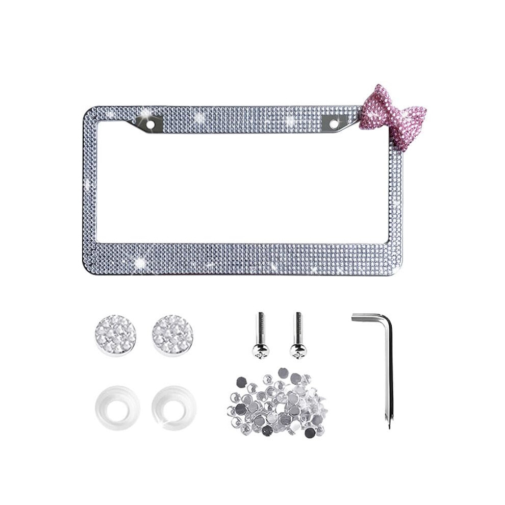 Rhinestone License Plate Frame With Sparkling Bow, Stainless Steel, Universal 12X6 Fit Pink 9001264936419