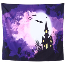 Halloween Backdrop, Haunted Castle Scene With Vibrant Pumpkin Moon Decor For Your Spooky Night, Purple Black Tone Vinyl Photography Background, Perfec