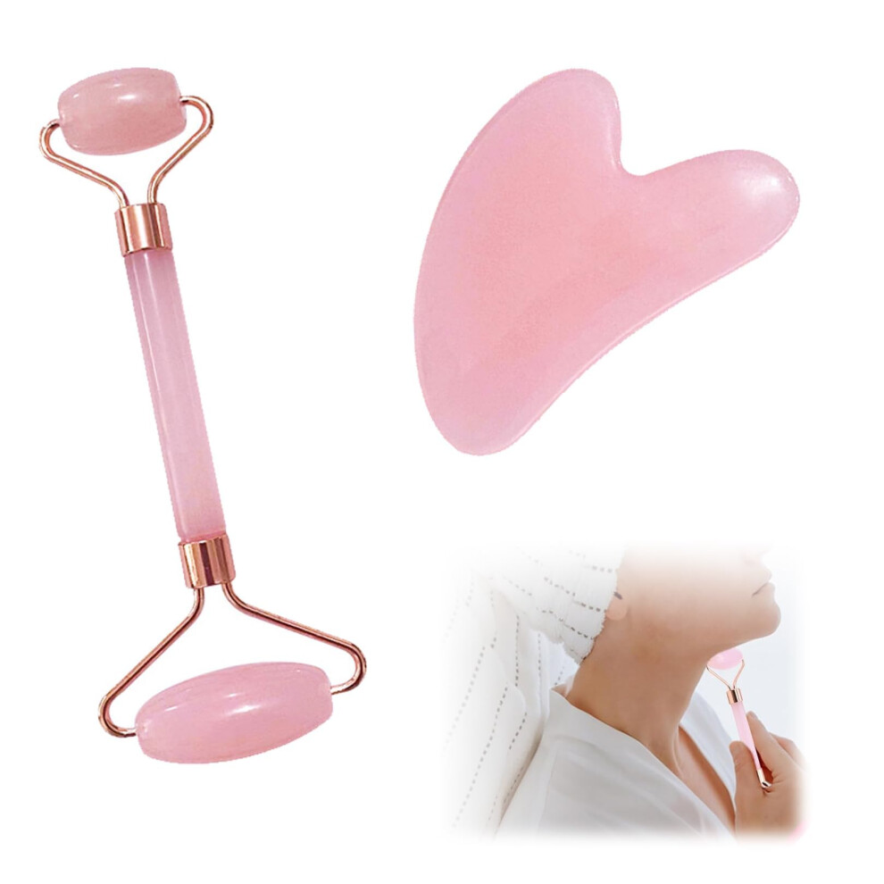 Pink Face Roller And Gua Sha Set Anti Aging Facial Massage For Puffiness Reduction And Jawline Sculpting