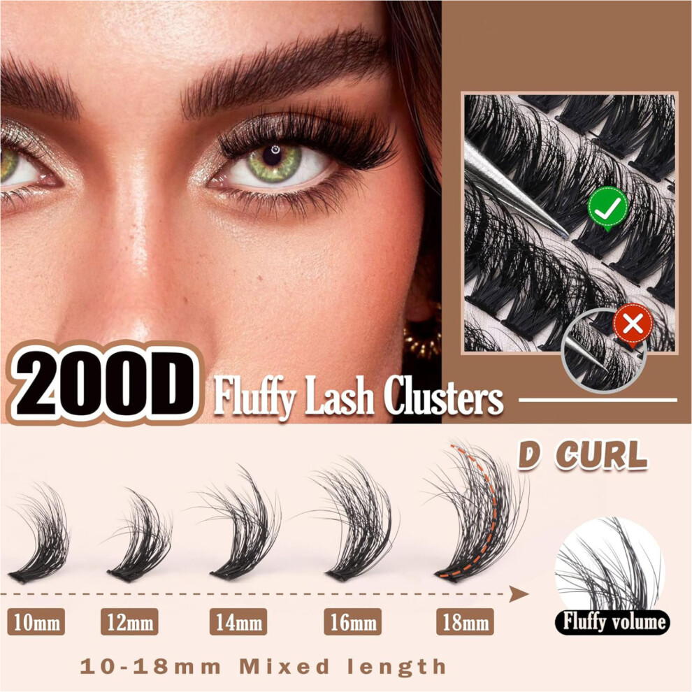 Lash Extension Kit, Thick Eyelash Extension Kit,10-18mm,Cluster Lashes Kit 200D Fluffy Eyelashes Individual Kit,DIY Lashes Extension for Beginners,D