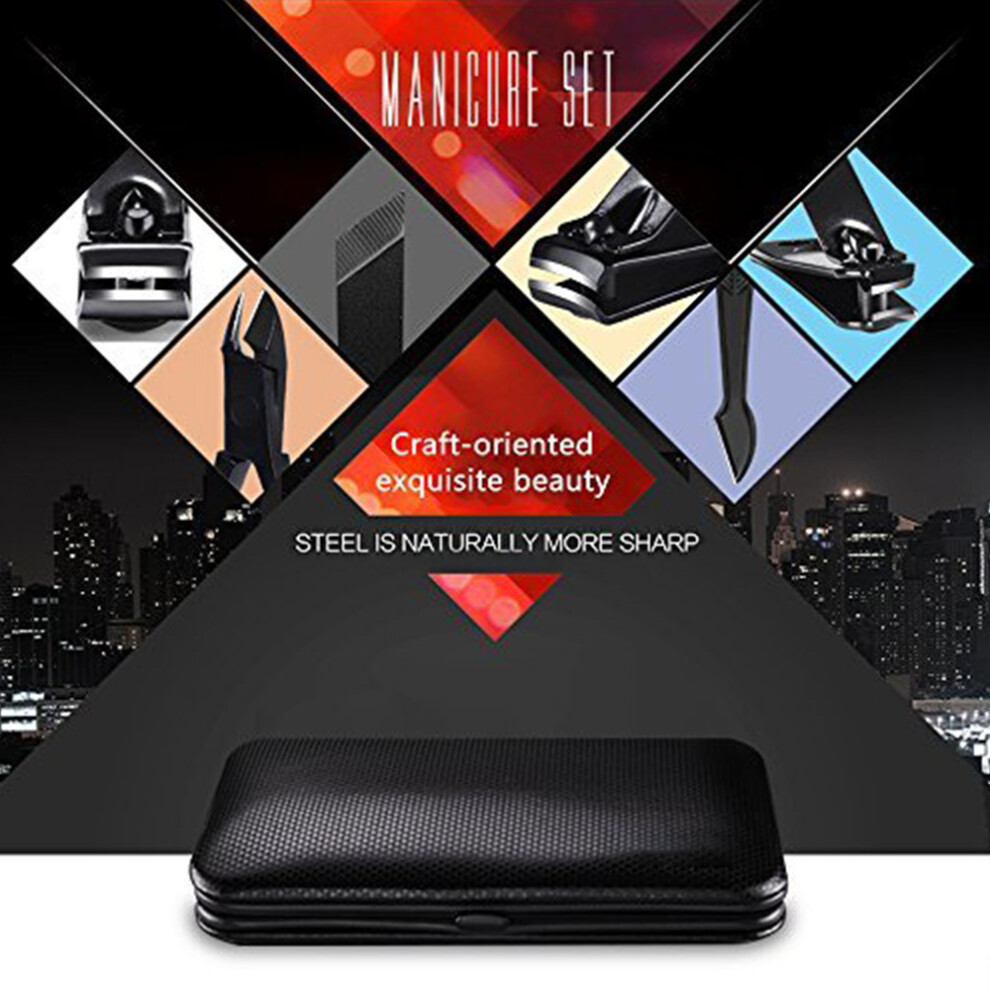 Black Manicure Pedicure Set, Stainless Steel Nail Cutter With Polishing Anti-Skid Technology For Professional Grooming, Includes Multi-Functional