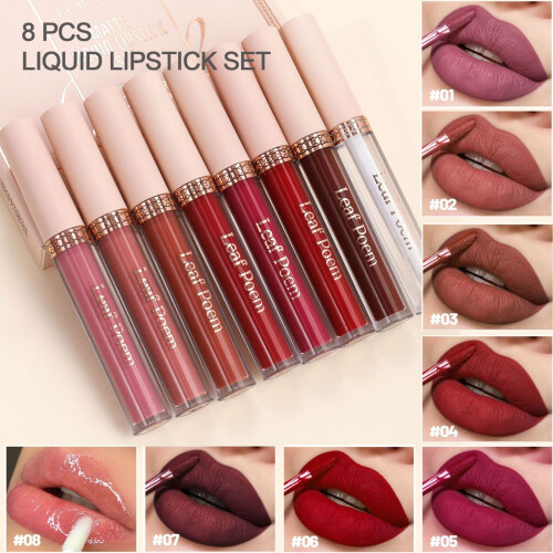 Σετ μακιγιάζ 8 τεμαχίων ματ υγρού κραγιόν, Lip Gloss Lip Stick, Σετ μακράς διαρκείας