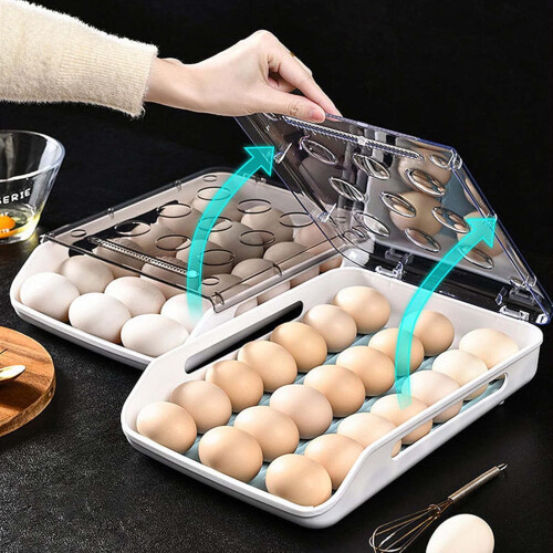 Refrigerator Holder Automatic Rolling Storage Container with Transparent Lid, Blue Drawer Tray Box for Fridge Organization 2