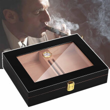 Cigar Humidor Cedar Wood Box with Glass , Digital Hygrometer, Airtight Flavor Preservation, Black