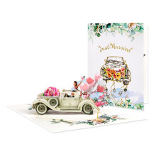 3D Wedding Card Pop Up Card Vintage Car With Floral Watercolor And Gold Script Cover For Couples And Newlyweds