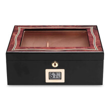 Cedar Wood Cigar Humidor with Digital Hygrometer, Glass for 3050 Cigars, Black Gift Box