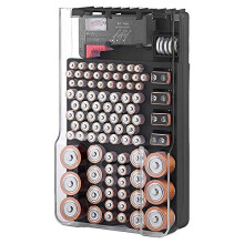 Battery Storage Case Organizer with Hinged Clear Cover and Battery Tester, Holds 93 Batteries in Various Sizes, Black