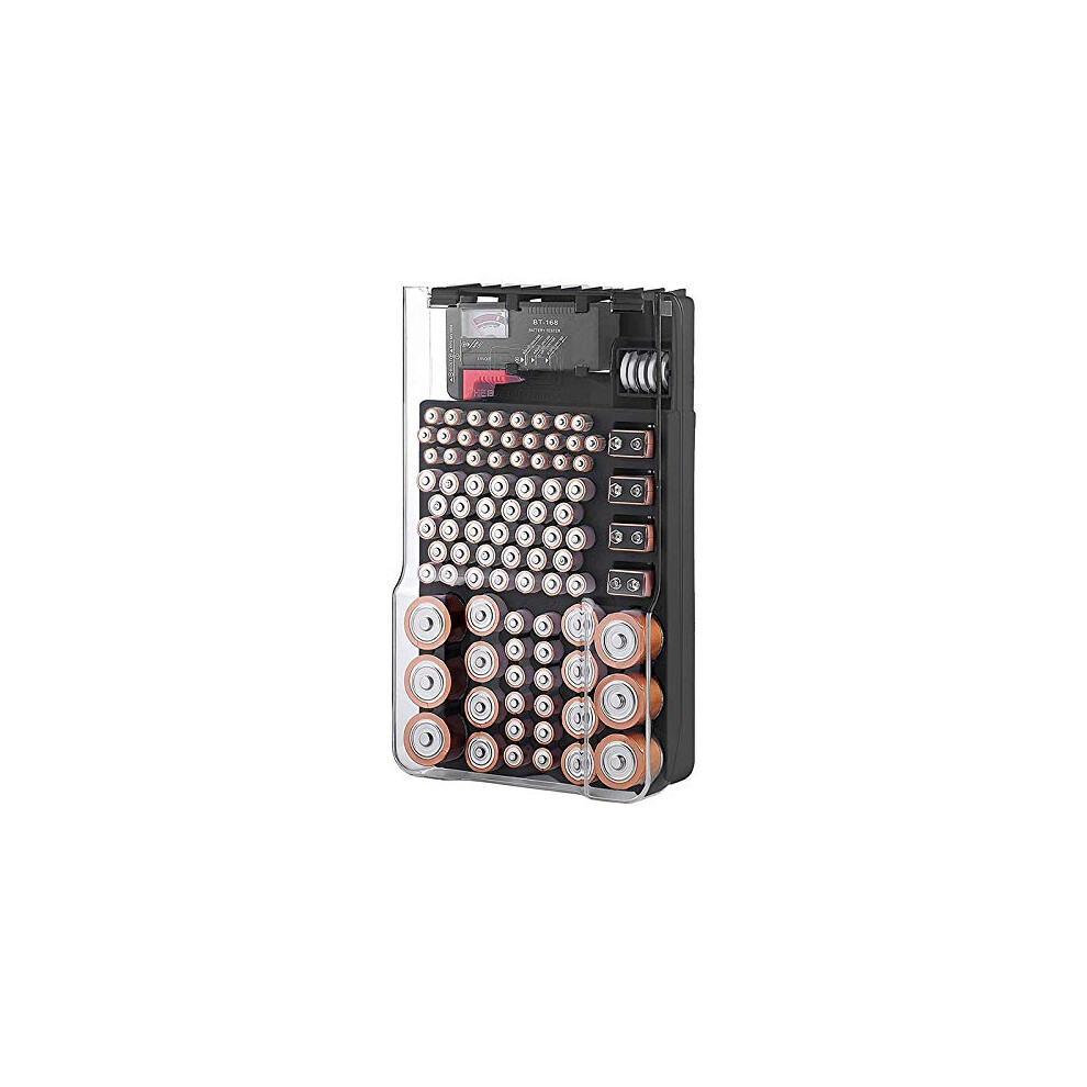 Battery Storage Case Organizer With Hinged Clear Cover And Battery Tester, Holds 93 Batteries In Various Sizes, Black 9119770711489