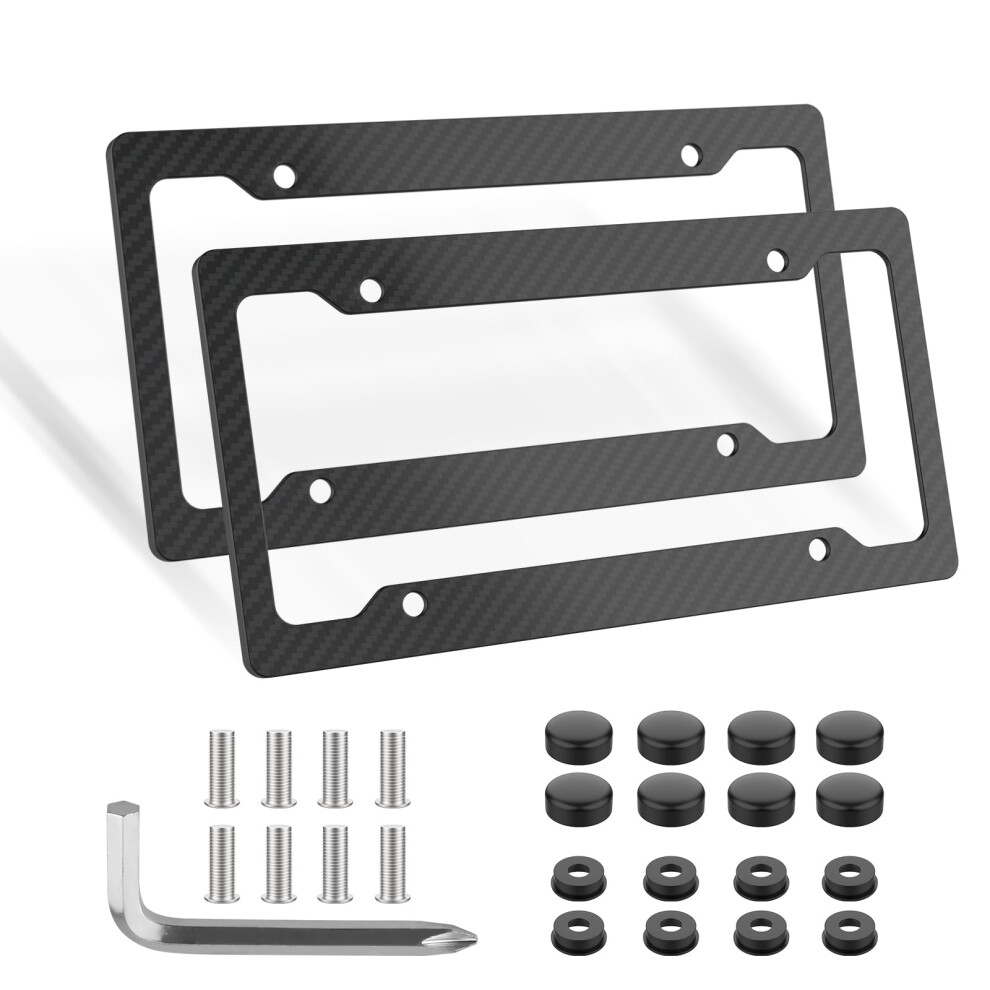 2Pcs Carbon Fiber License Plate Frame, Universal Holder For Us Canada Plates With Screws Black 9119770712325