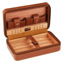 Cigar Humidor Cedar Wood and Leather Travel Box with Moisture Regulation, Brown 20.3x7.7x12.7cm