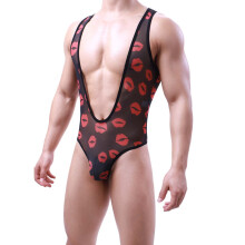Men's Sexy Backless Wrestling Singlet OnePiece Mankini Black Leopard Print Size L Cut Bulge Pouch Bodysuit