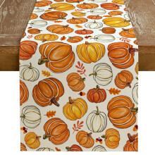 Fall Pumpkin Table Runner 13x72 with Autumn Maple Leaf Design, Fade Resistant Rustic Burlap for Thanksgiving Dining