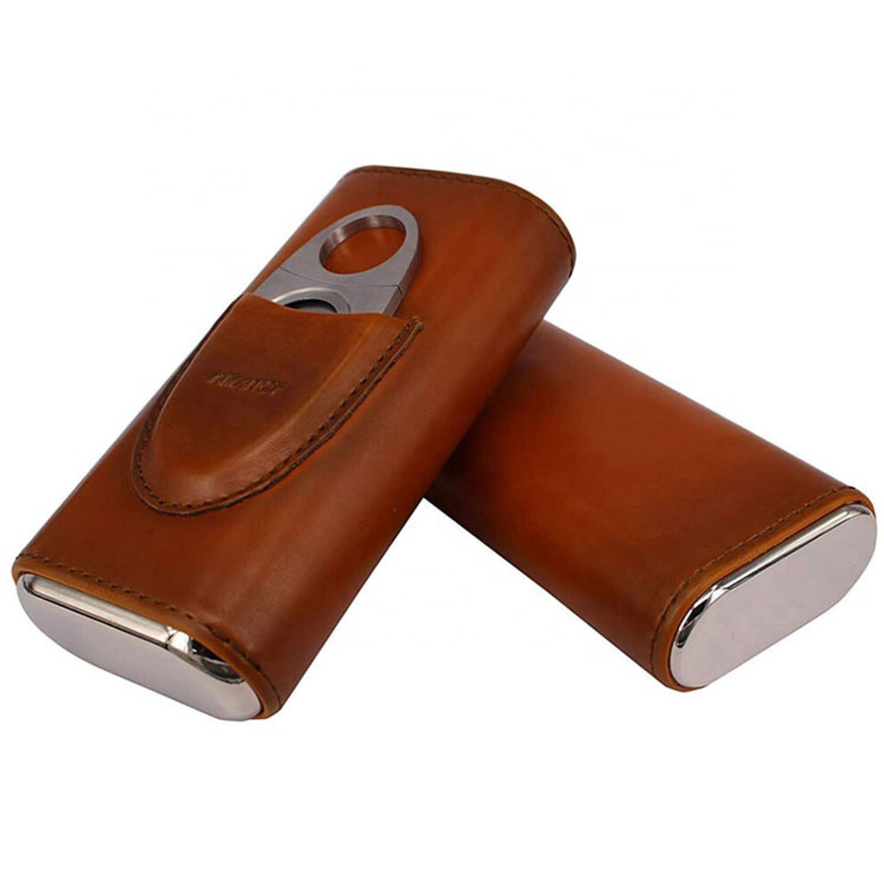 Black Leather Stainless Steel Travel Cigar Case With Cutter Holds 3 Cigars Humidor